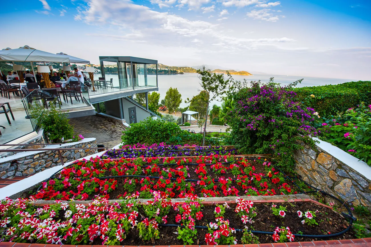 Flower beds and the sea from the upper terrace